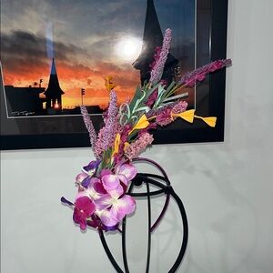 Derby fascinator with Purple and Pink Flowers and tangerine accent